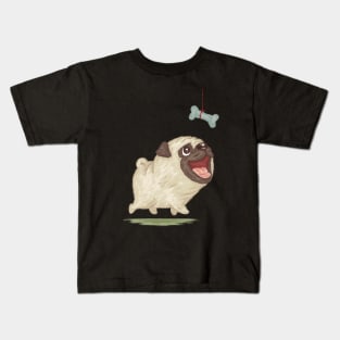 Happy Pug and dog bone Kids T-Shirt